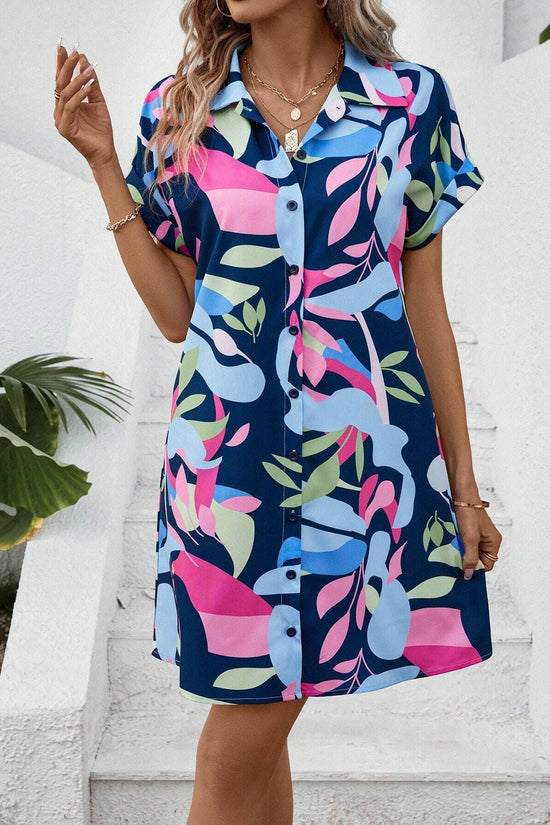 Summer New Fashion Colorful Floral Printed Open Front Short Sleeve Shirt Dress 