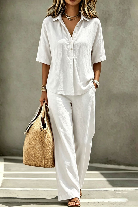 Womens Polo-Neck Button-Up Top And Wide-Leg Pants Two-Piece Set 
