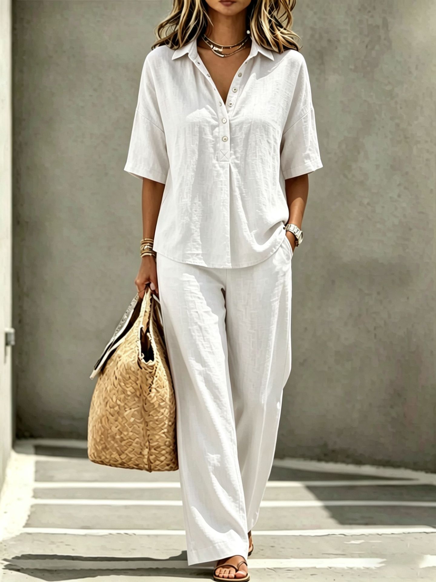 Womens Polo-Neck Button-Up Top And Wide-Leg Pants Two-Piece Set 