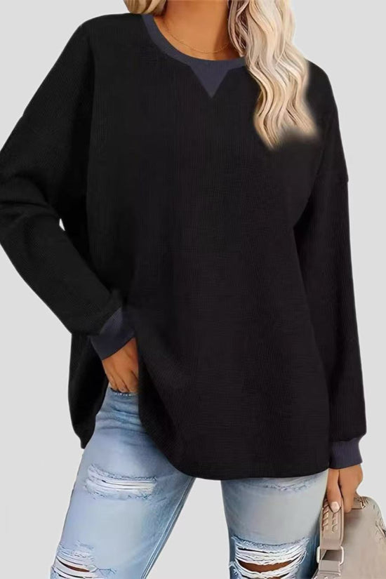 Women's Fashion Round-Neck Color-Block Long-Sleeve Sweatshirt 