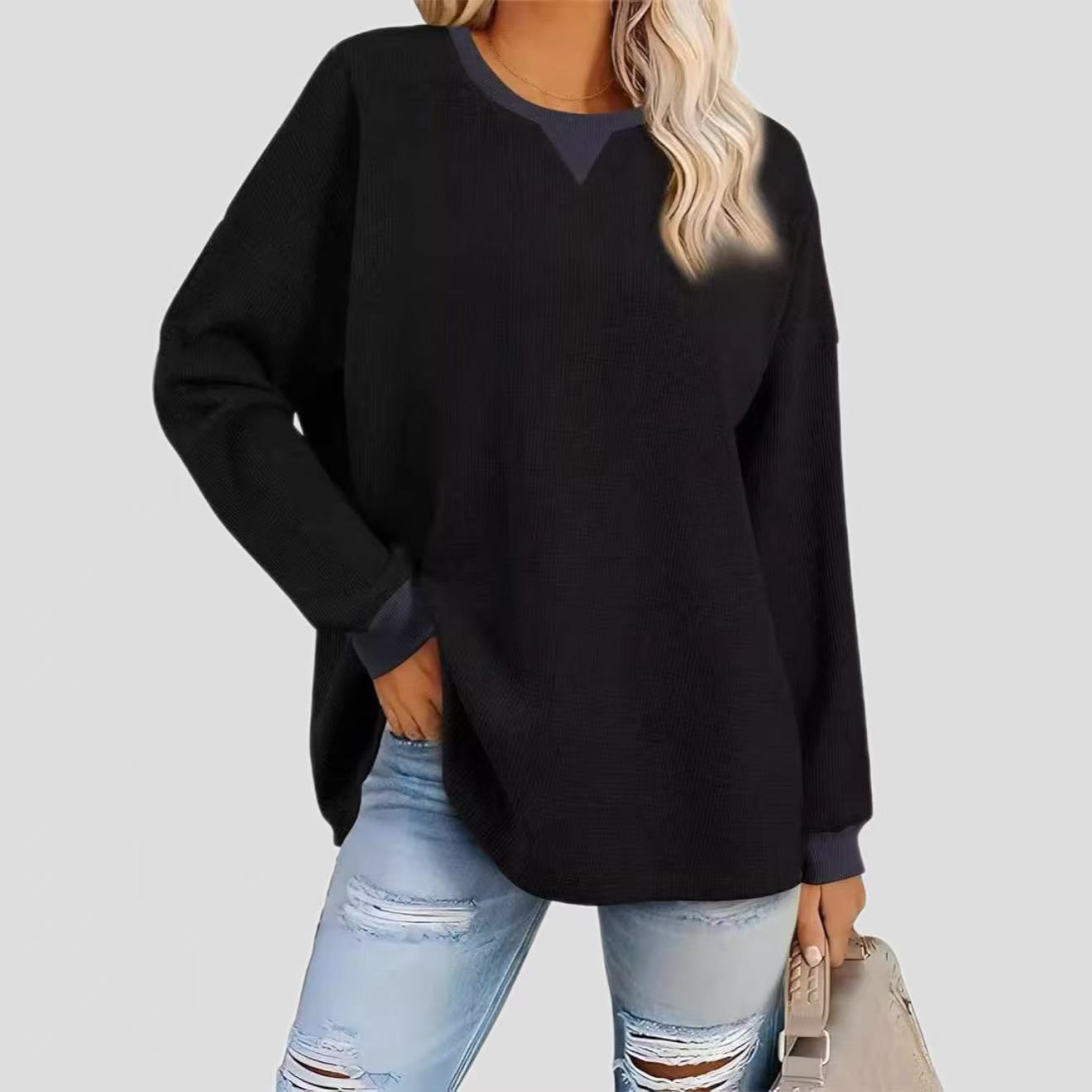 Women's Fashion Round-Neck Color-Block Long-Sleeve Sweatshirt 