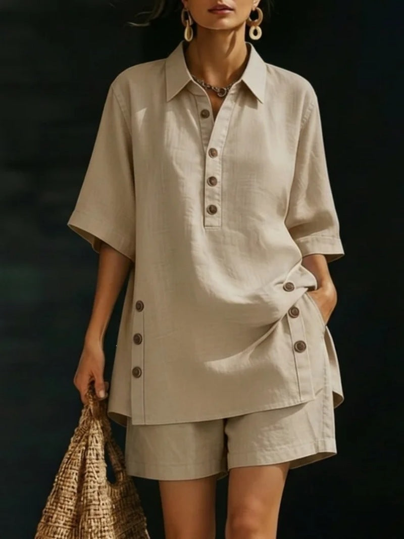 Womens Short-Sleeve Shirt And Loose Pants Two-Piece Set 