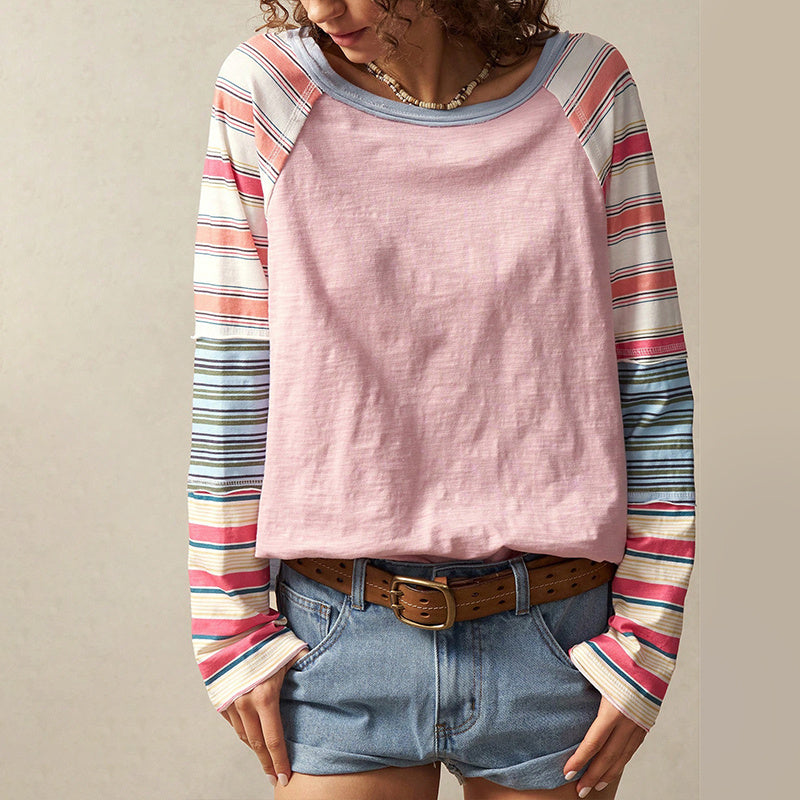 Women's Striped Long Sleeve Top Round Neck Pullover With Unique Patchwork Design For Spring&Fall CJ US