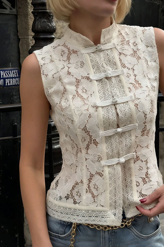 Fashionable Lace Crochet Stand Collar Slim-fit Sleeveless Shirt 