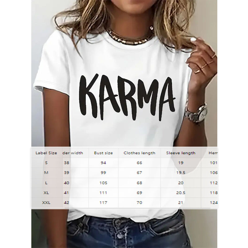Women's Short Sleeve Round Neck T-Shirt Summer Casual Top With 'KARMA' Print CJ US
