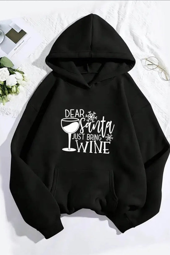 Festive Christmas Wine Cup Printed Women'S Hoodie Casual Sports Style With Kangaroo Pocket, All-Season Hooded Pullover Sweatshirt CJ US