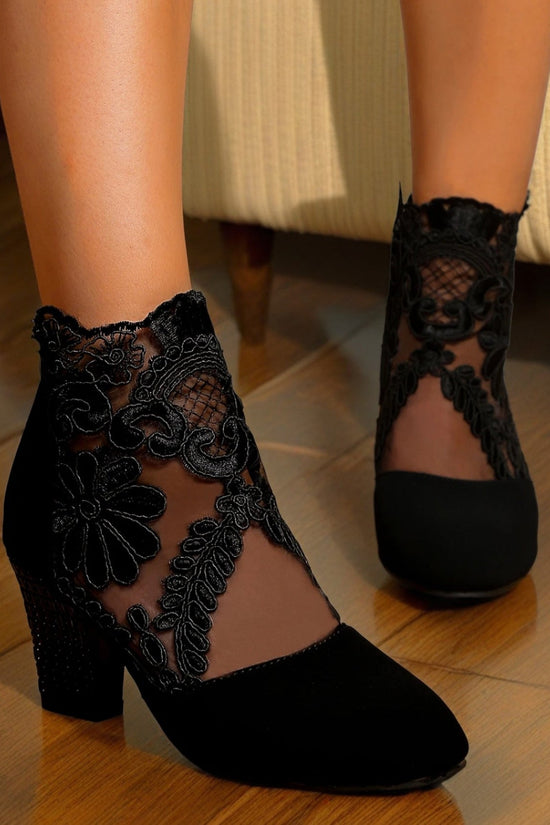 CBlack Lace Embroidered Mesh Ankle Boots, Chunky Rhinestone High-heeled Ankle Boots, Suede Patchwork Sexy Hollow-out Women's Boots, Versatile For Dating And Commuting, Exuding Elegant Femininity, Uniq 