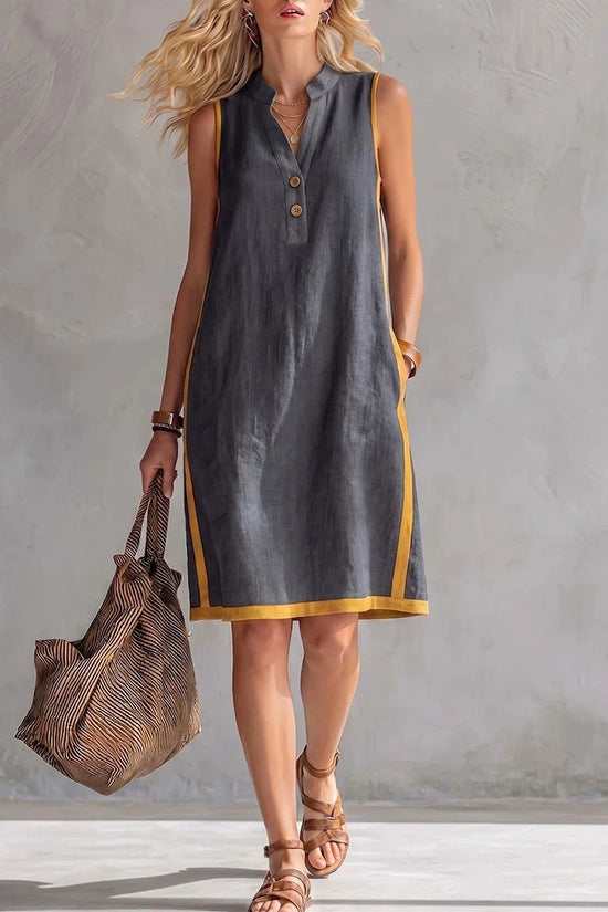 Sleeveless V-neck Pocketed Button Casual Dress 