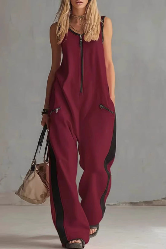 Zip-up Crewneck Sleeveless Casual Cotton Wide-leg Jumpsuit 