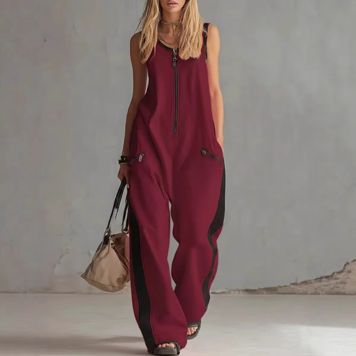 Zip-up Crewneck Sleeveless Casual Cotton Wide-leg Jumpsuit 