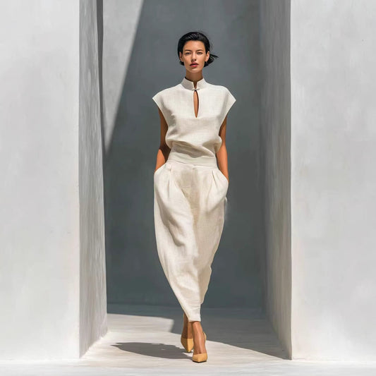 Chinese-style Satin Short-sleeve T-shirt And Pants Set For Women 