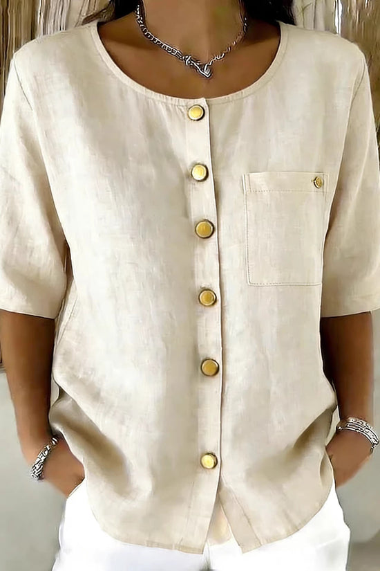 Womens Crew-Neck Shirt With Metal Buttons And Three-Quarter Sleeves 