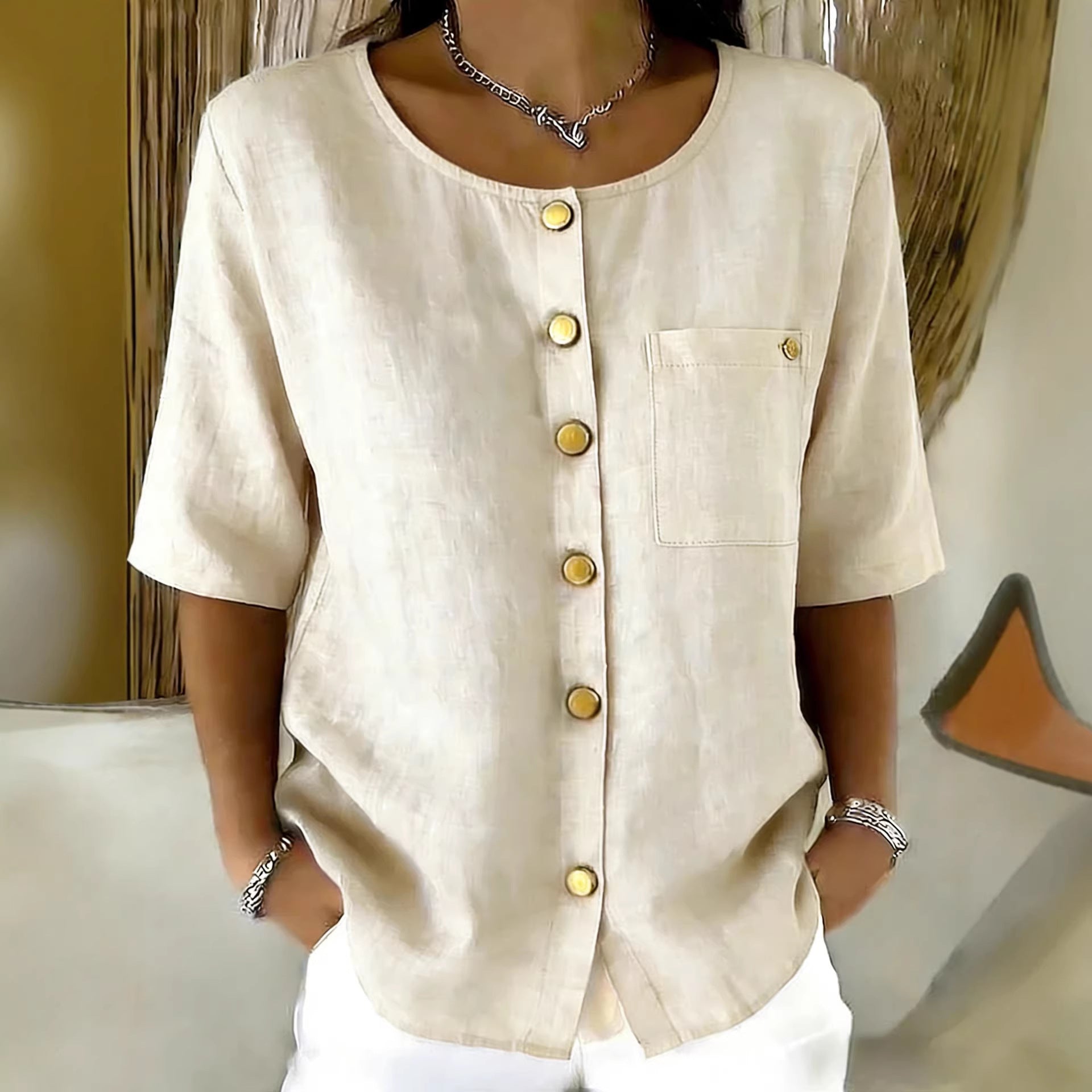 Womens Crew-Neck Shirt With Metal Buttons And Three-Quarter Sleeves 