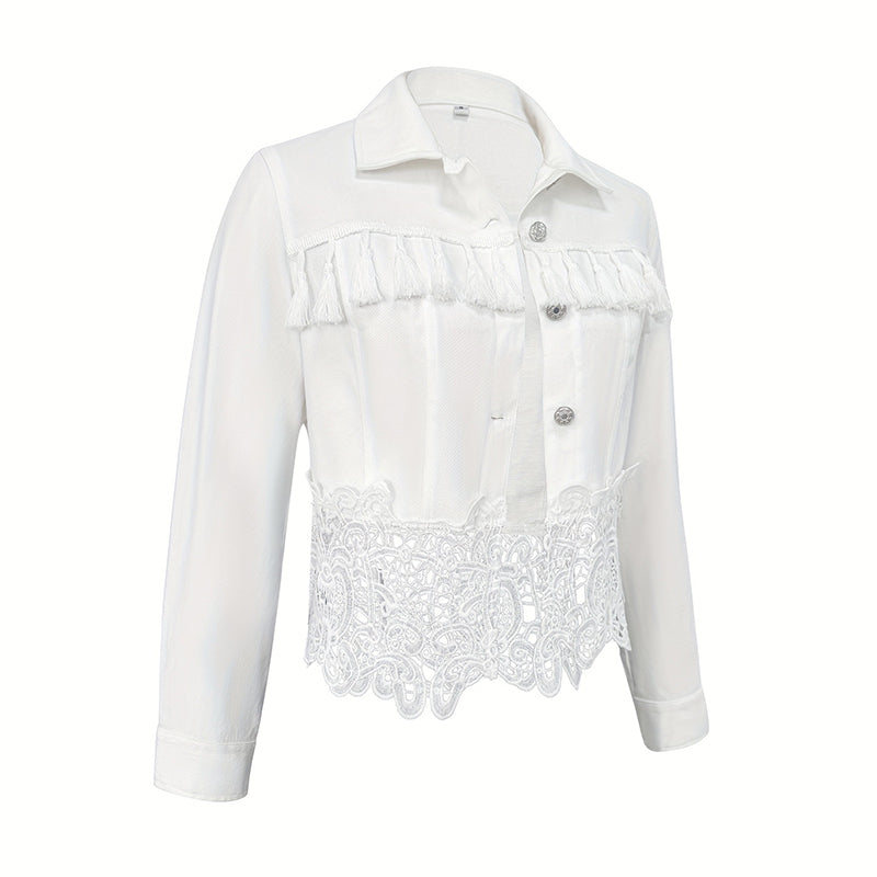 Women's Lace Hollow Out Jacket - Chic Long Sleeve Button Down Shirt With Tassel Details 