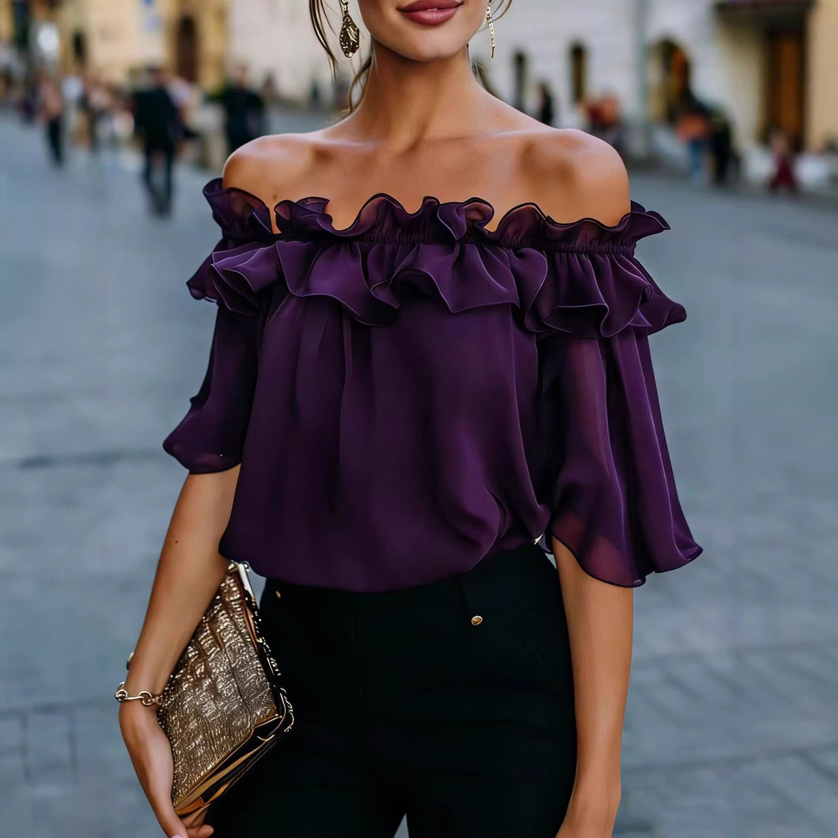 Solid-color Sexy Loose Off-shoulder Shirt 