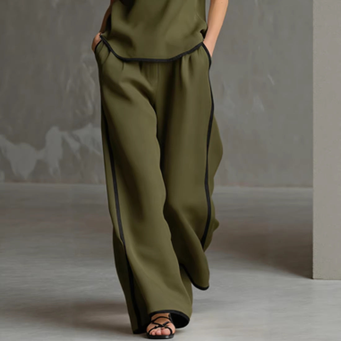Sleeveless V-Neck Black Trim Contrast Color Simple Womens Top And Wide-Leg Pants Set 