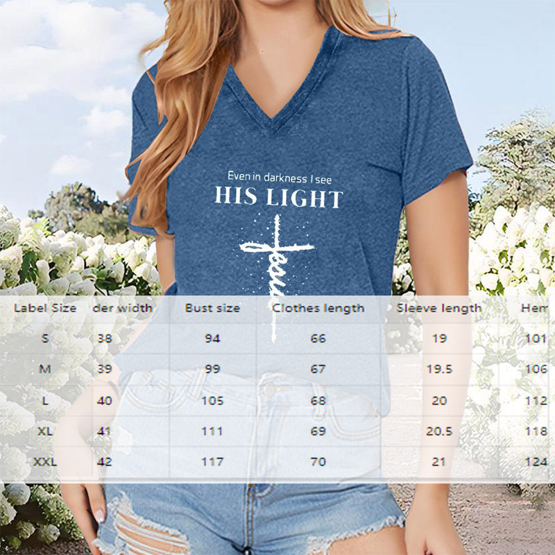 Women's V-Neck T-Shirt Geometric Cross & Stars Print Casual Summer Short Sleeve Top CJ