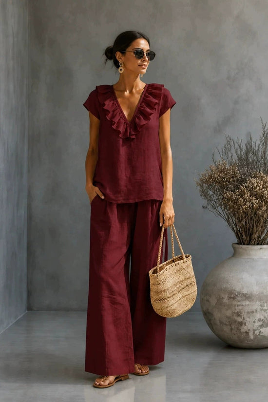 Women's V-neck Ruffled Hem Wide-leg Pants Set 