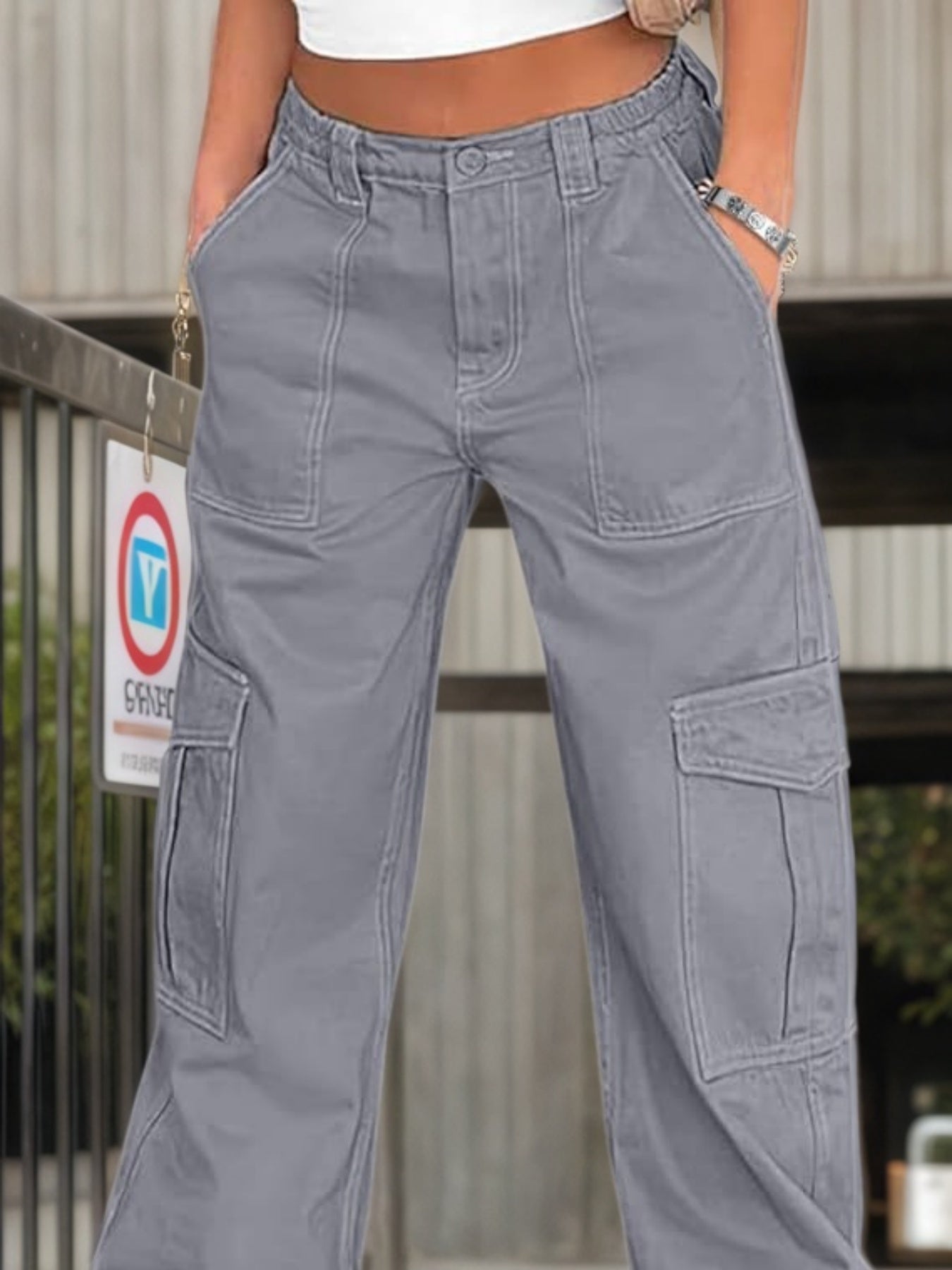 2025 New Women's Work Pants High Waisted Casual Pants Loose Elastic Wide Leg Y2K Streetwear With 6 Pockets CJ US
