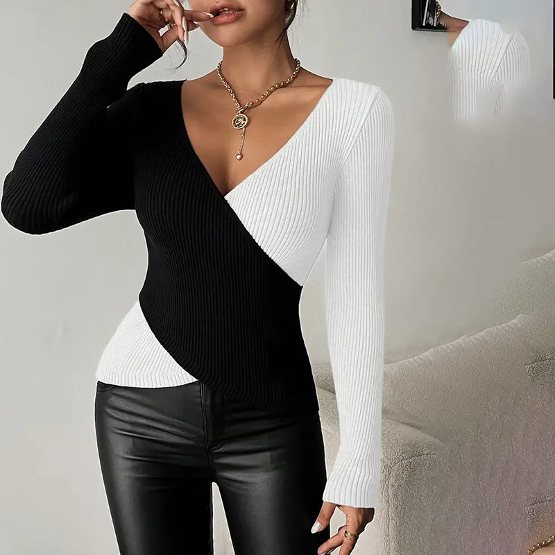 Women's Elegant V-Neck Cross Front Sweater, Color Block Knit Top For Spring And Fall Layering CJ US