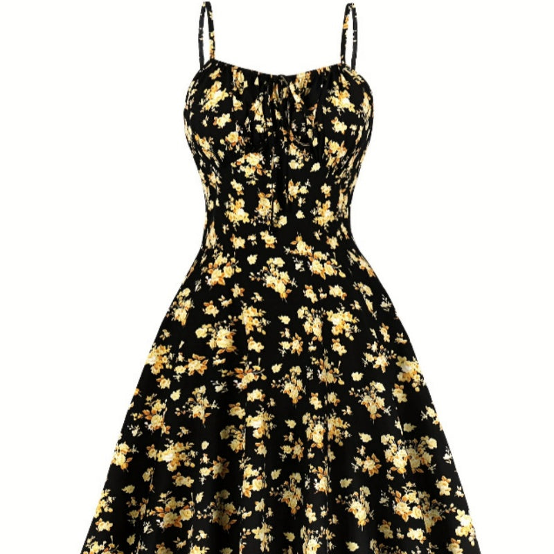 Women’s Floral Backless Maxi Dress – Strappy Dress with Bow & Flowy Skirt 