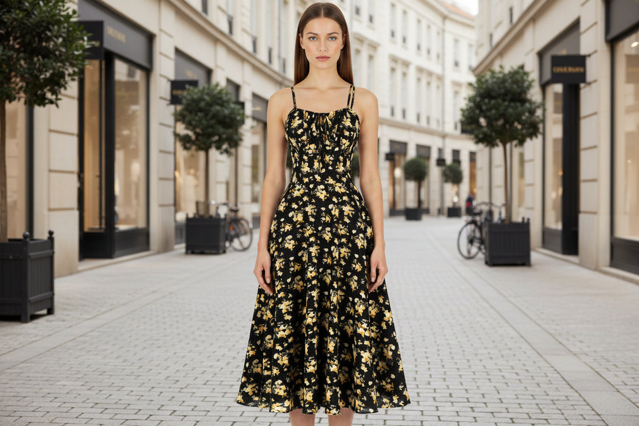 Floral Backless Bow-Tie Strappy Maxi Dress – Black & Blue, S–XXL 