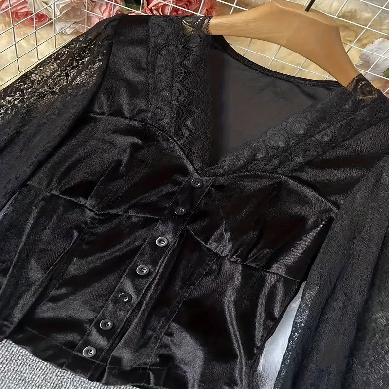 Women's Velvet & Lace Trim Top V-Neck Long Sleeve Blouse - FitiqueFit