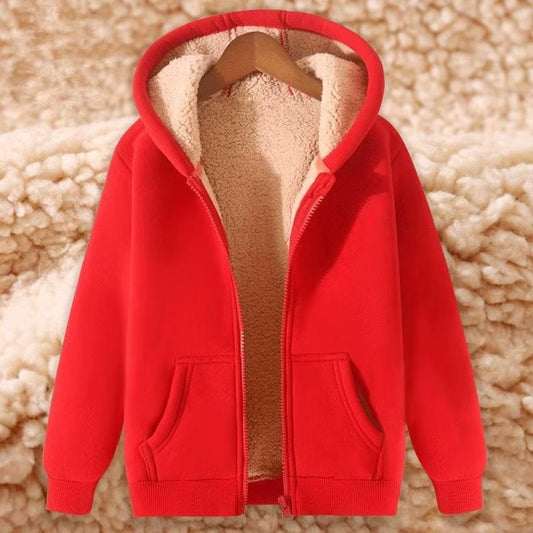Women's Simple Solid Color Cold-proof Warm Berber Fleece Hooded Jacket 