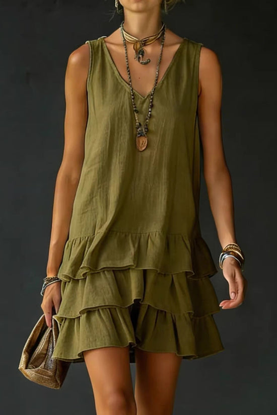 V-neck Cotton-linen Womens Fashionable Sleeveless Dress 