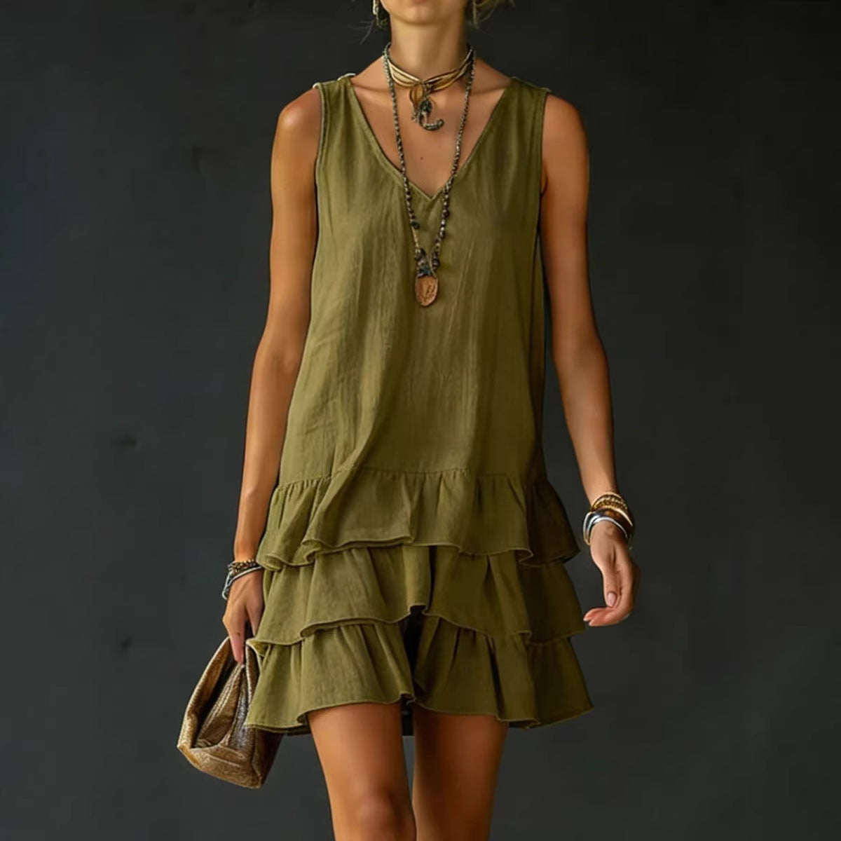 V-neck Cotton-linen Womens Fashionable Sleeveless Dress 