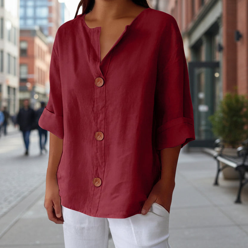 Women's V-neck cotton and linen buttoned blouse 