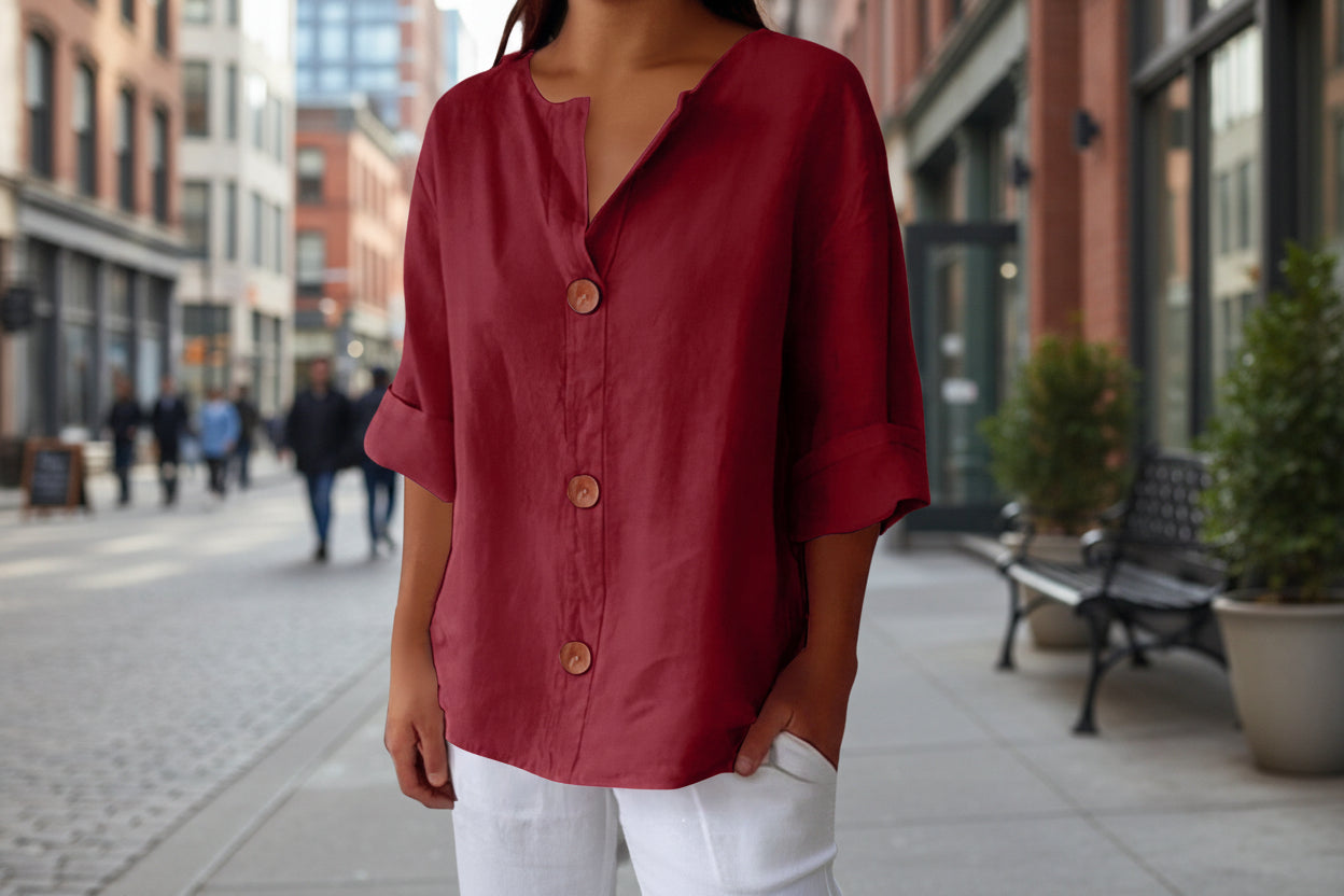 Women's V-neck cotton and linen buttoned blouse 