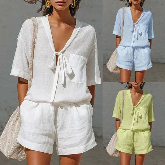 Summer New Solid Color Casual Cardigan Lace-up Short-sleeve Shirt Loose Shorts Set For Women 