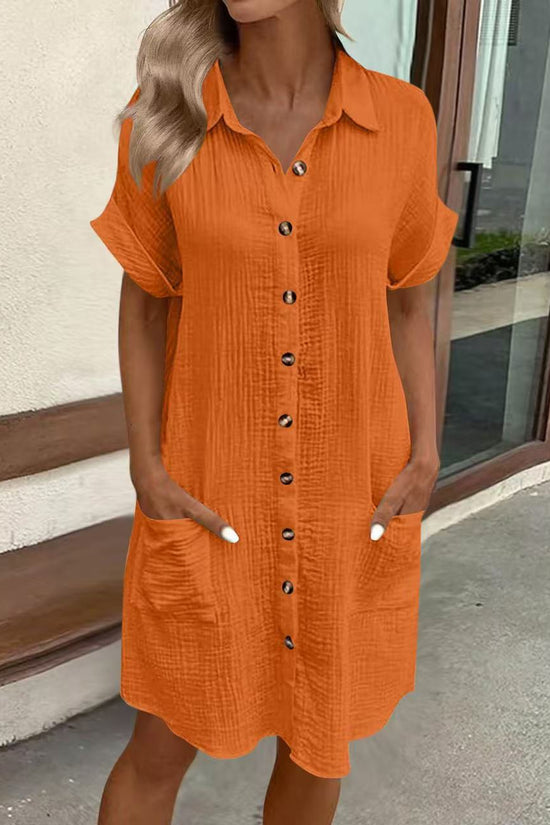 Casual Solid-Color Single-Breasted Mid-Length Short-Sleeve Dress 