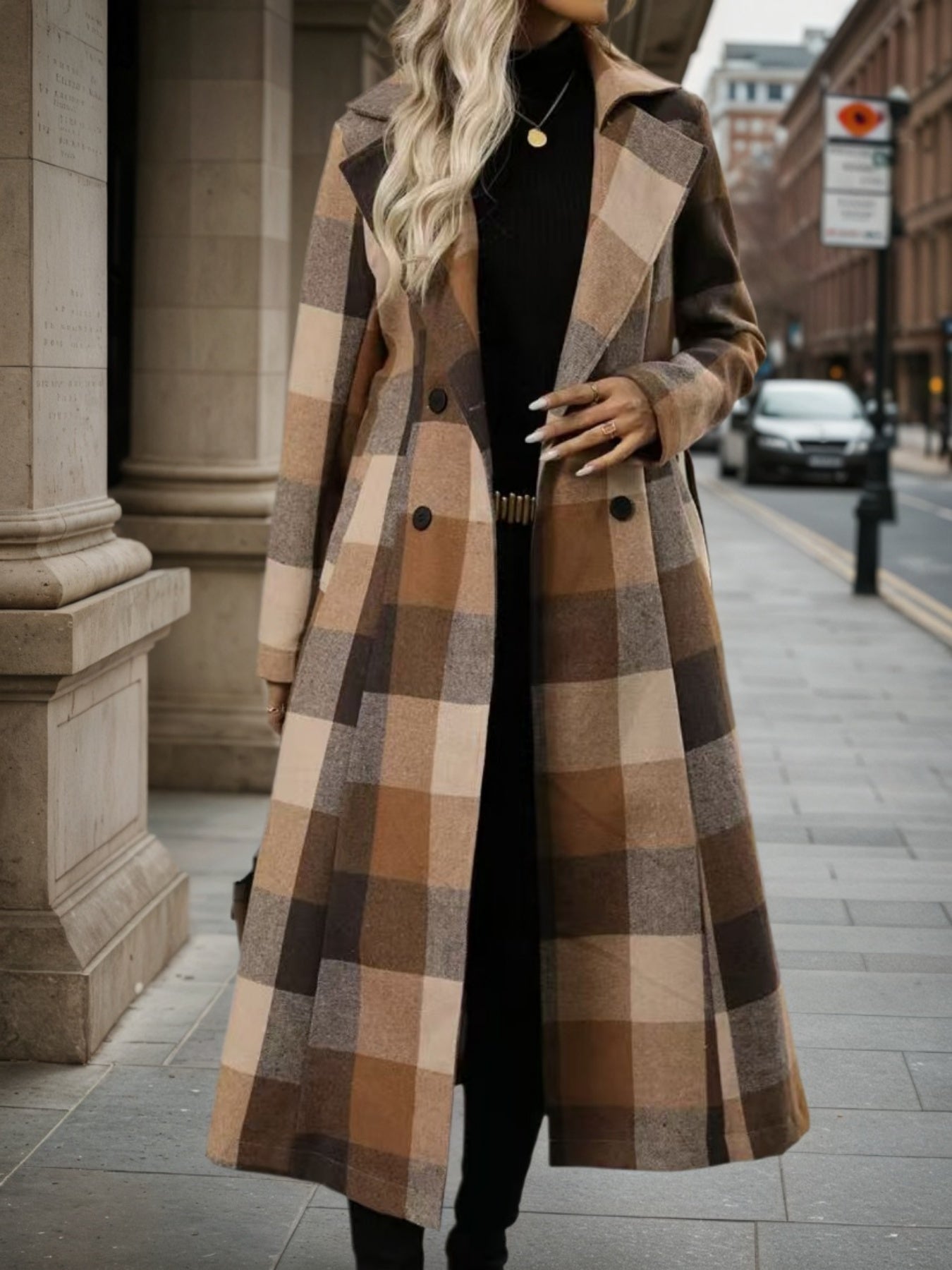 Women’s Lapel Woolen Double-Breasted Coat – Lace-Up Long Windbreaker - FitiqueFit