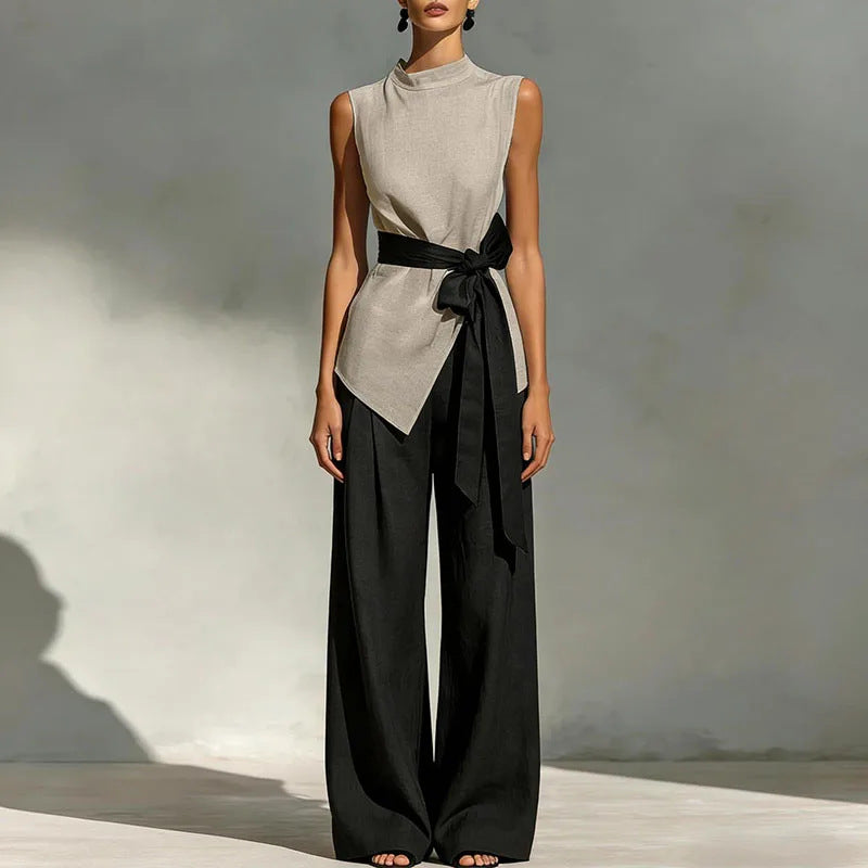 Womens Lace-Up Sleeveless Top And Wide-Leg Pants Two-Piece Set 