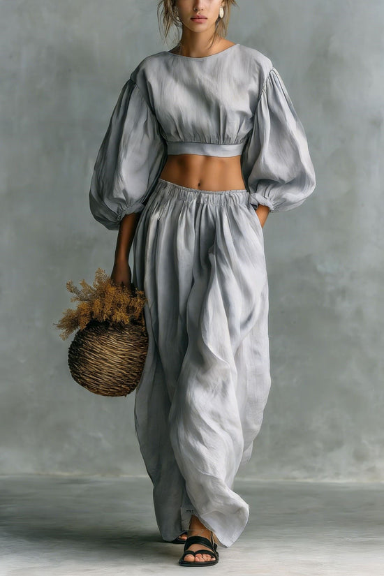 Crew-neck Puffed-sleeve Pocketed Pants Casual Womens Set 