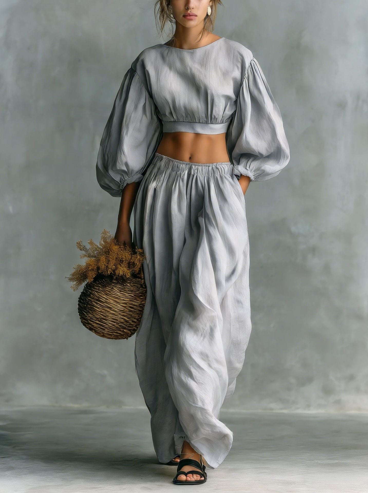 Crew-neck Puffed-sleeve Pocketed Pants Casual Womens Set 