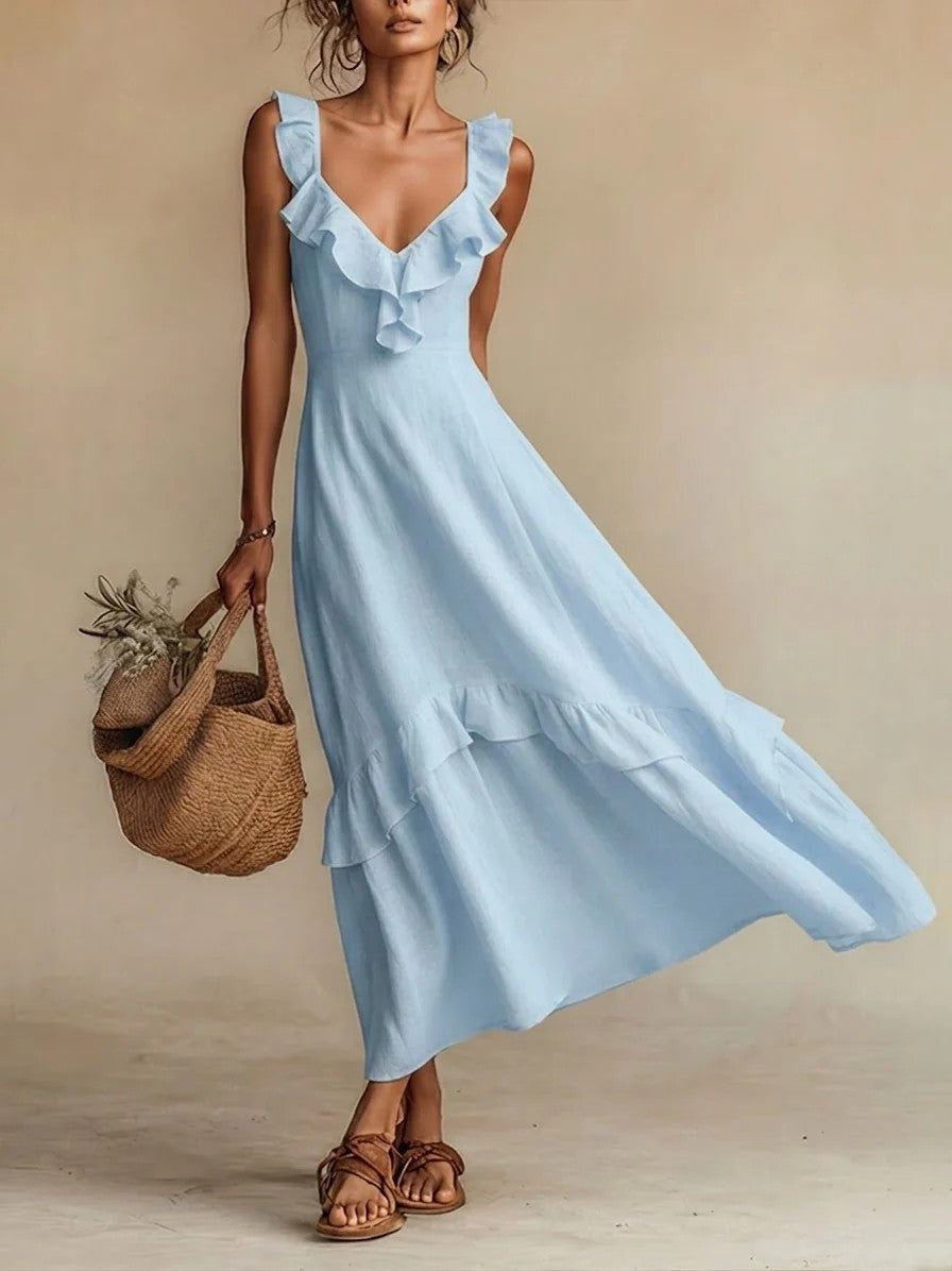 Elegant And Chic Cotton-Linen Dress With Ruffled Flutter Sleeves And A Flowing Hem 