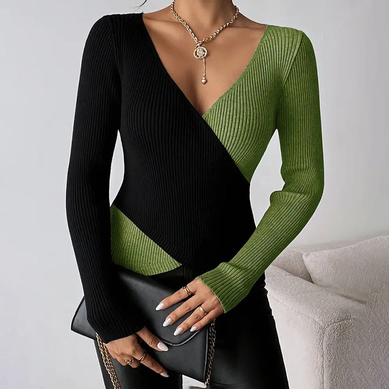 Women's Elegant V-Neck Cross Front Sweater, Color Block Knit Top For Spring And Fall Layering CJ US