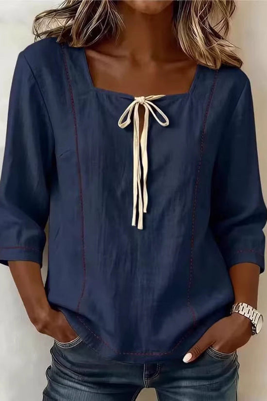 Printed Lace-Up Square-Neck Mid-Sleeve Womens Shirt 