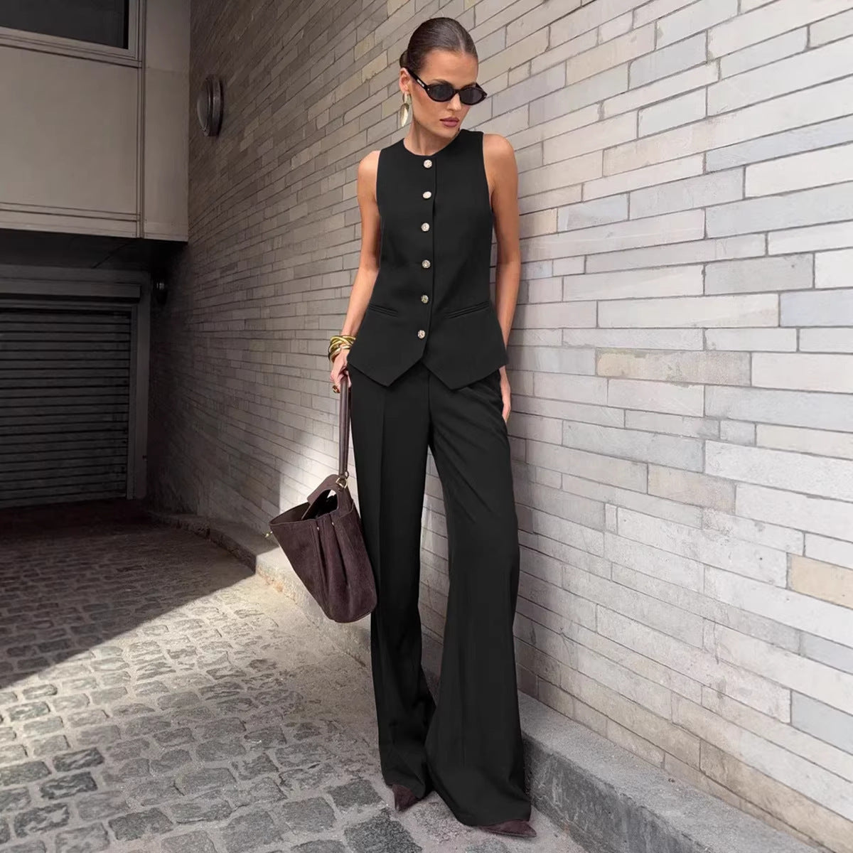 Elegant Commuter Vest And Wide-Leg Pants Two-Piece Set 