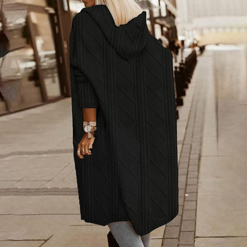 Women's Textured Hooded Longline Jacket, Solid Color Casual Oversized Top With Pockets For Fall & Winter CJ US