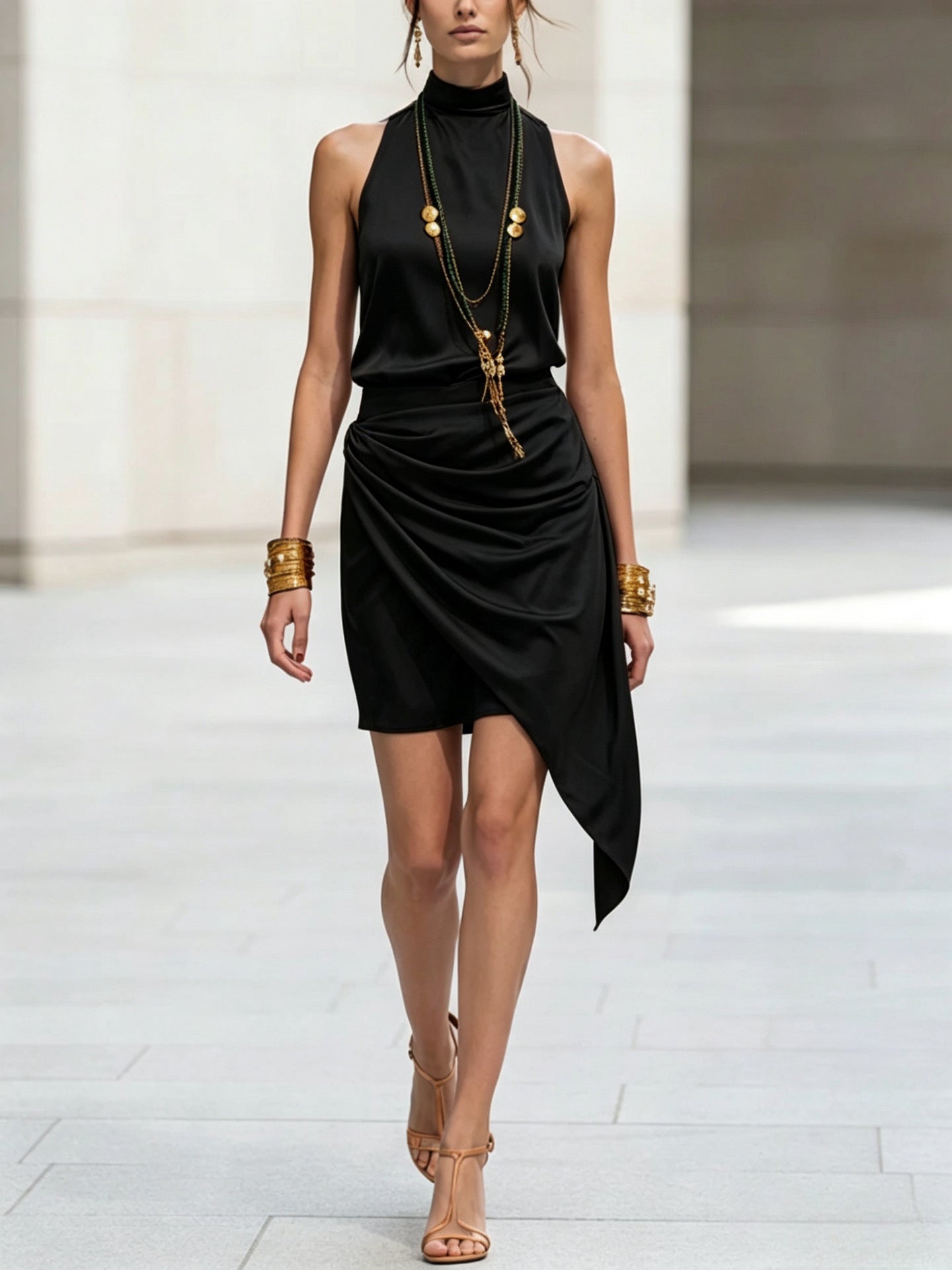 Sleeveless Double-layer Asymmetrical Hem Mini Skirt 