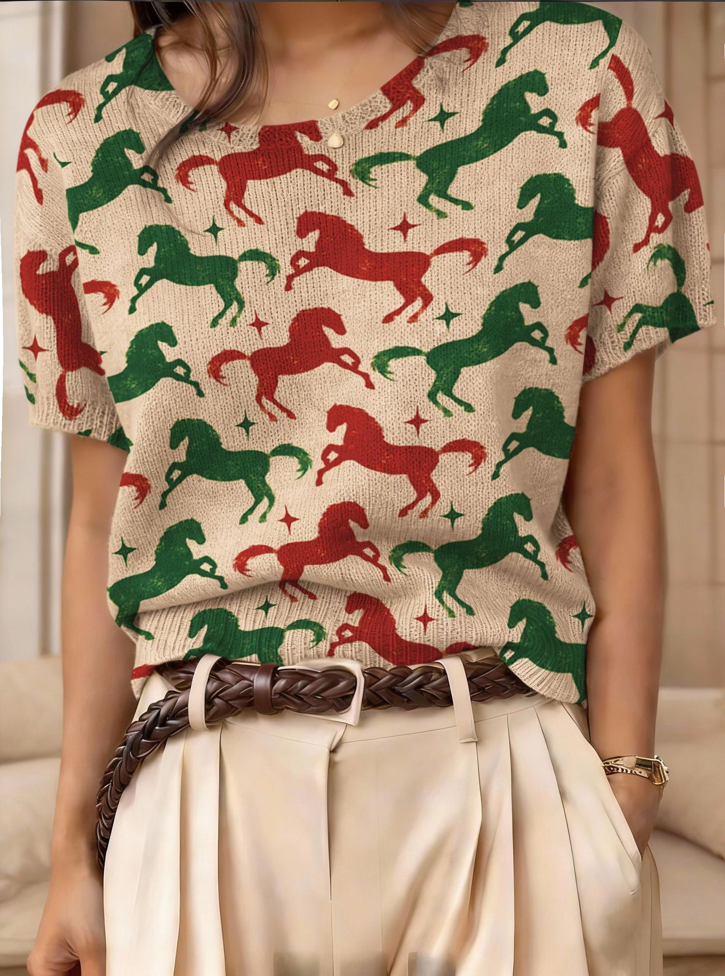 Retro Short-Sleeve Sweater Contrast-Color Jacquard Knit Top 