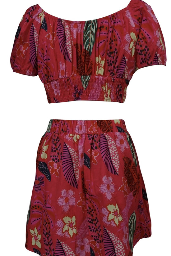 Flower Print Bubble Sleeves With Exposed Navel Short Top, Pleated Short Skirt Set CJ US