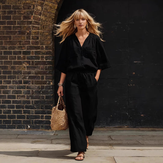 Womens Simple Button-Up Top And Wide-Leg Pants Linen Two-Piece Set 