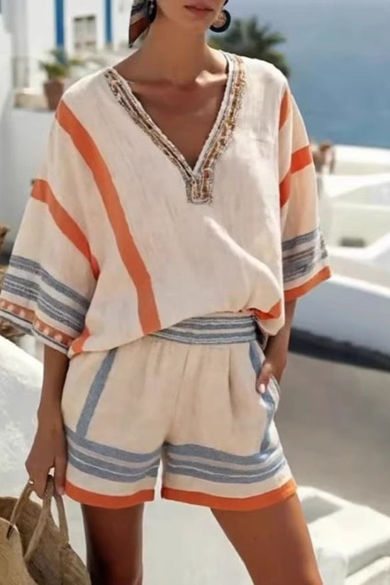 Linen Striped Printed V-Neck Top And Shorts Set For Women 