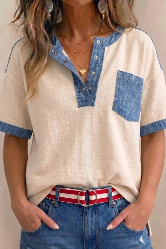 Women's Casual Loose-Fitting Patchwork Short-Sleeve Top 
