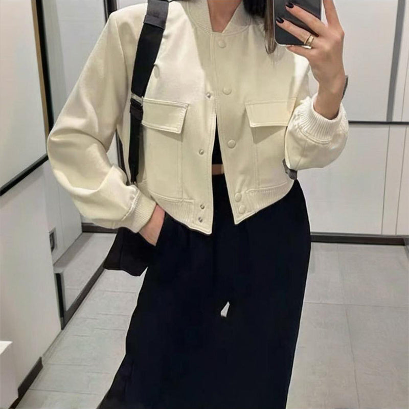 Women's Solid Color Long Sleeve Baseball Jacket With Button Front & Pockets - Casual Short Jacket For Spring&Fall Diversi Fashion™